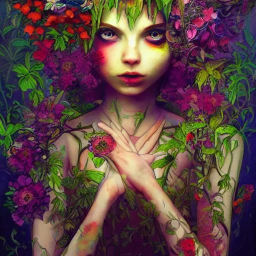 Prompt: a painting of a beatiful young zombie girl with a lot of flowers and plants on its head, poster art by android jones, behance contest winner, generativ line art, glowing, shallow depth of field, 5 0 mm, full body!! symmetry
