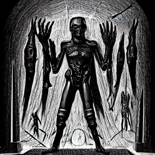 Image similar to full-body dark creepy gothic H.R. Giger realistic diagram drawing central composition a decapitated soldier with futuristic elements. he welcomes you with no head, dark dimension, empty helmet inside is occult mystical symbolism headless full-length view. standing on ancient altar eldritch energies disturbing frightening, hyper realism, 8k, sharpened depth of field, 3D