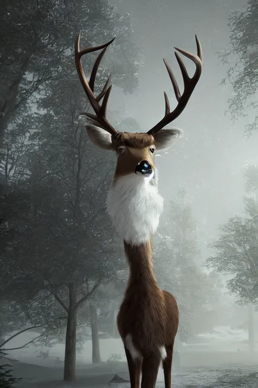 Image similar to an anthro deer wearing a white formal coat, talking to a crow, hyperrealistic, concept art, octane render, unreal engine 5, trending on DeviantArt, highly detailed, high quality, 8K, soft lighting, cute, natural lighting, realistic face, trending on Artstation, elegant clothes, profile picture, path traced, house background