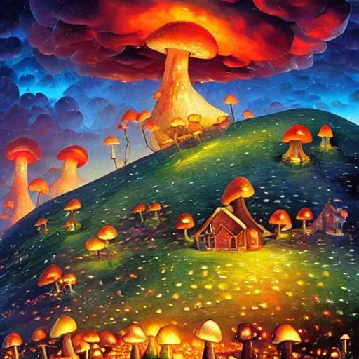 Image similar to glowing mushroom village, art by james christensen, rob gonsalves, paul lehr, leonid afremov and tim white