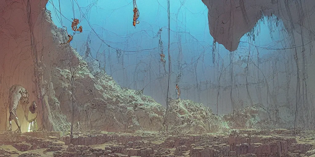 Image similar to vast natural cave with bizarre creatures in huge experimental tanks , cables hanging from ceiling, thick cables on ground, ground perspective, computer screens, neons, top light , epic scene, 8k, illustration, art by ghibli moebius, comics art