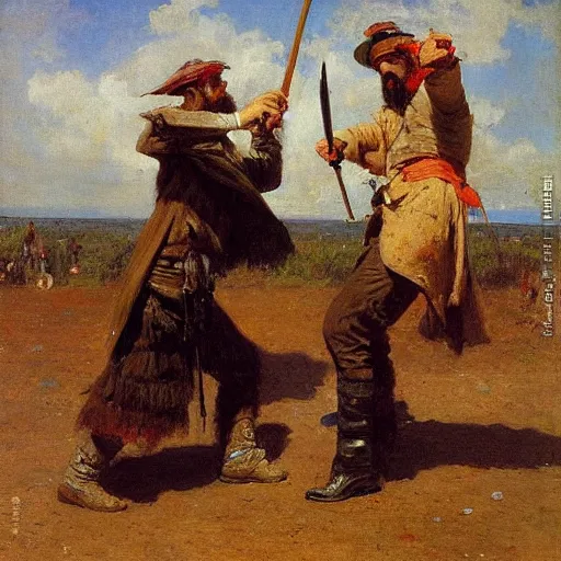 Prompt: duel between two ax - wielding bearded armed men. wide - angle. by ilya repin