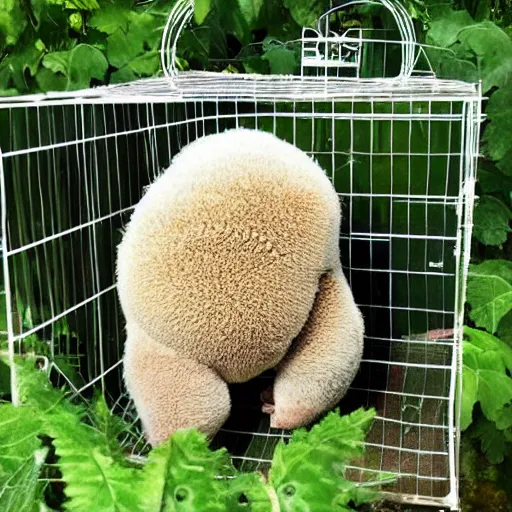 Image similar to big fluffy tardigrade in a cage, eating leaves and pellets, cute, wholesome