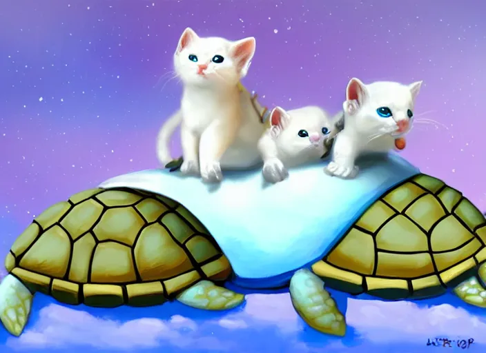 Image similar to white soldier kittens riding turtles going into battle, cute, digital oil painting, trending on artstation