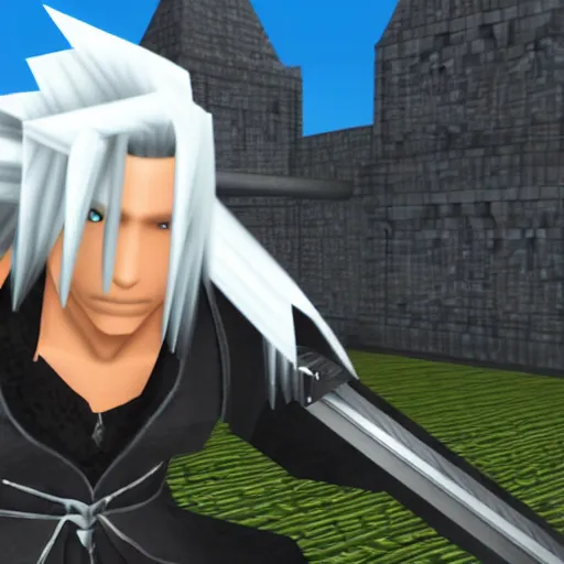 Prompt: an in game screenshot of sephiroth from final fantasy vil from roblox