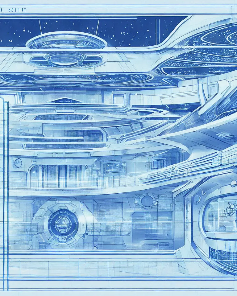 Image similar to futuristic space station, detailed blueprint and schematic with text and illustrated zoomed - in snippets, white paper, glorious intricate detailed superb, pristine clean design, center frame, concept art, with highly detailed blueprints and text, black ink outlines, blue shading marker concept art style rendering