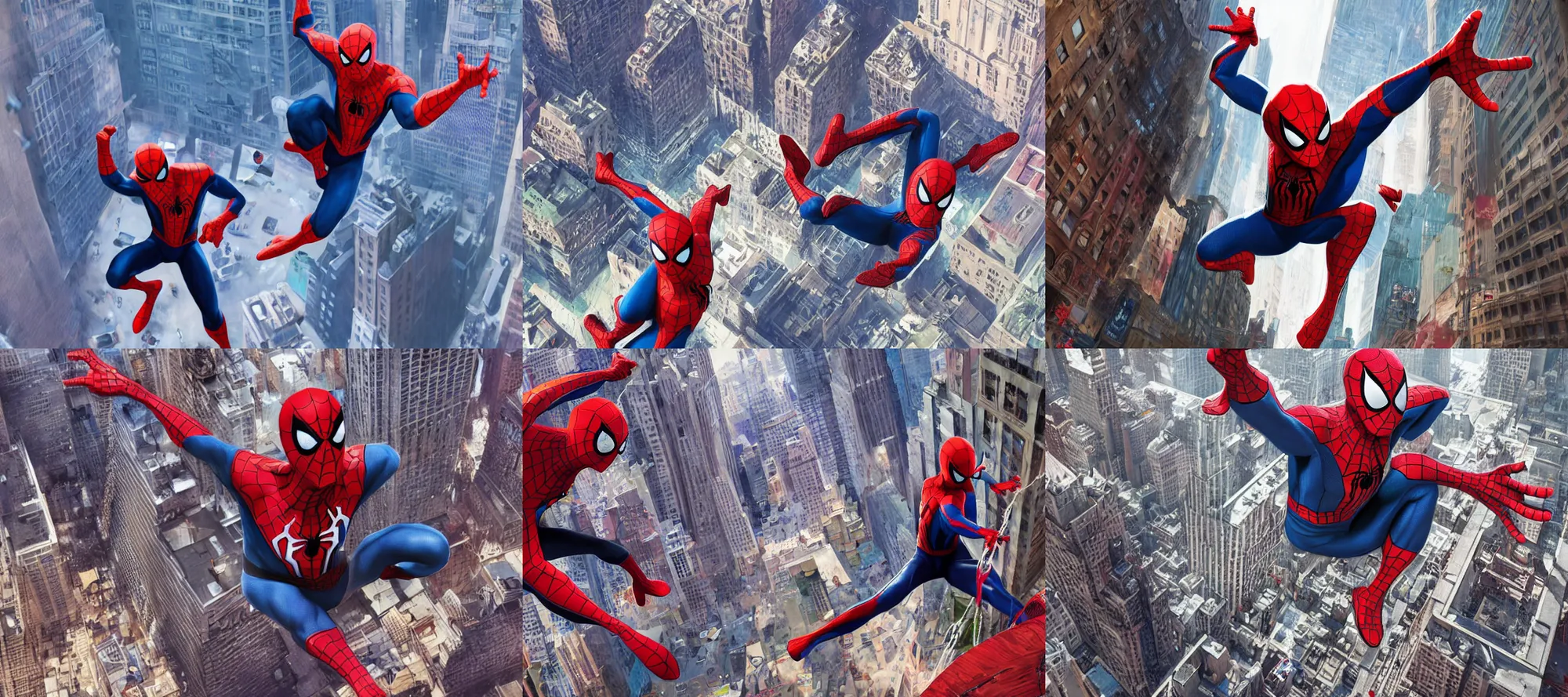 Prompt: spider - man swinging around new york, spider - verse art style, artstation, trending, highly detailed, smooth, focus, by alberto mielgo, craig mullins, robh ruppel, yun ling, vaughan ling, neil ross, jesus alonso iglesias