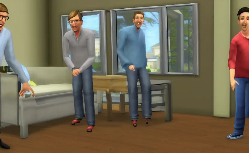 Image similar to bill gates pissing his pants in the sims 2, pc screenshot, top down zoomed in