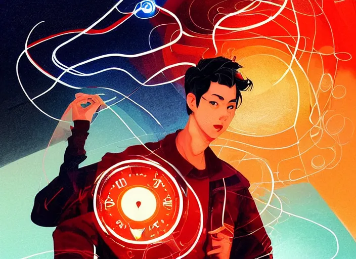 Prompt: harmony handsome seokjin short black hair, reading red book, dark blue jacket & white top & black jeans, tiny glowing compass stars, line - art, abstract fluid shapes background, amazing composition, dynamic pose, by wlop, james jean, victo ngai! muted colors, highly detailed, fantasy art by craig mullins, thomas kinkade cfg _ scale 8