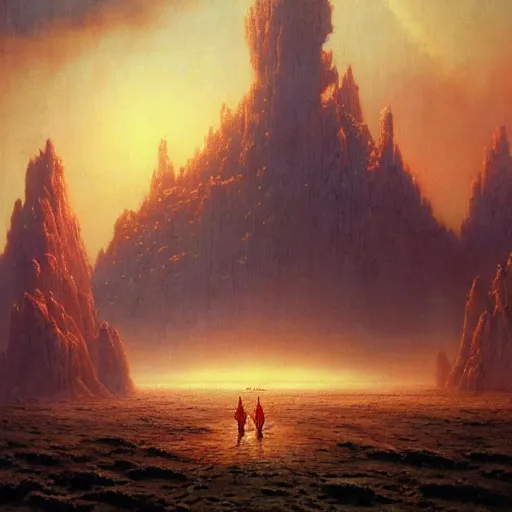 Image similar to A gigantic colossal epic dramatic scene from Ramayan , by Bruce Pennington, by Wayne Barlowe, by Greg Rutkowski, oil on canvas, masterpiece, detailed, dynamic, cinematic composition, beautiful lighting, view from ground, trending on artstation, top on pixiv, 8K, no frames,