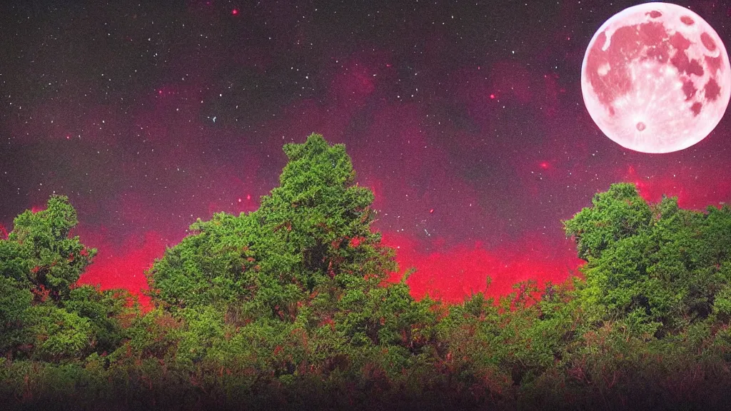 Image similar to (((psychedelic))) 8k ultra realistic night time photography of a mystical cosmic night sky with red smoke and a perfect huge full moon, A glimpse through a small gap in the dark green foliage and overgrowth and the trees of the huge gibbous full moon over water in a dark sky. wreathed in red smoke!!!, starlight, night-time, dark enclosed, cozy, quiet forest night scene, spangled, cosmic