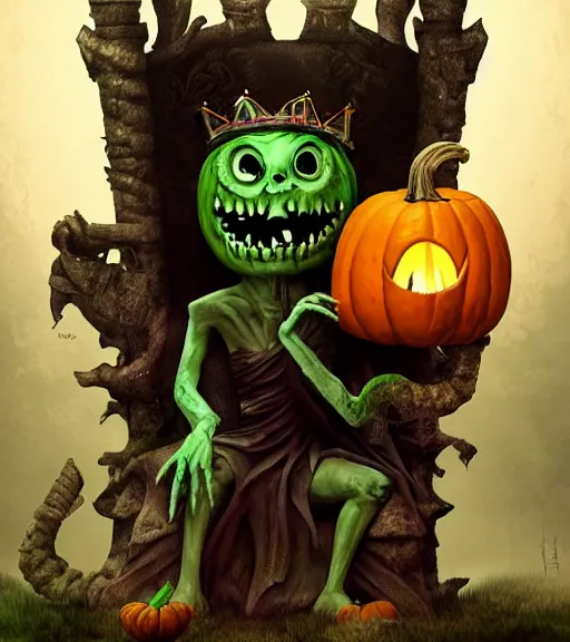 Prompt: a monster with a pumpkin head wearing a king's robe, by tim burton, sitting on a stone throne, detailed illustration, creepy carved expression, creepy lighting, dynamic pose, 4 k artstation, masterpiece