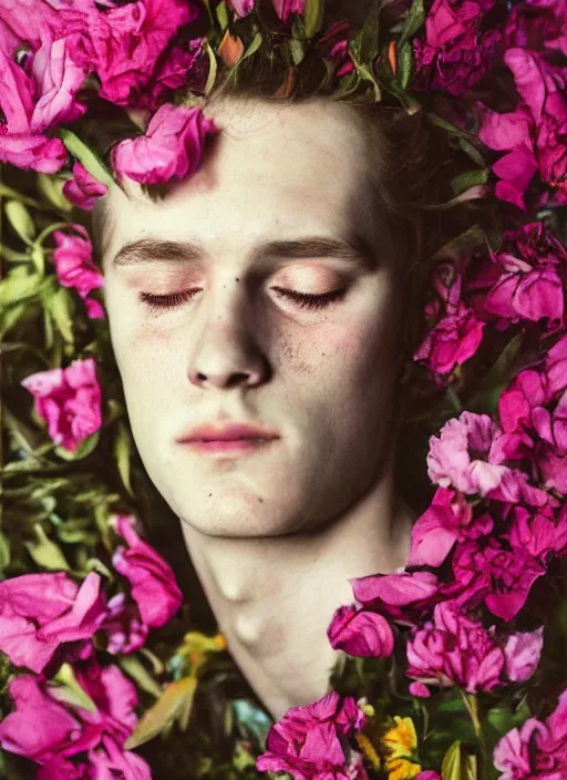 Image similar to Kodak Portra 400, 8K,ARTSTATION, Caroline Gariba, soft light, volumetric lighting, highly detailed, britt marling style 3/4 , extreme Close-up portrait photography of a Dorian Electra hiding in flowers how pre-Raphaelites with his eyes closed,inspired by Ophelia paint, his face is above water Pamukkale, raining, crying face above water in bubbles, hair are intricate with highly detailed realistic , Realistic, Refined, Highly Detailed, interstellar outdoor soft pastel lighting colors scheme, outdoor fine photography, Hyper realistic, photo realistic