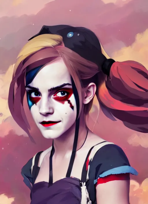 Image similar to portrait of emma watson as harley quinn, cloudy sky background lush landscape illustration concept art anime key visual trending pixiv fanbox by wlop and greg rutkowski and makoto shinkai and studio ghibli