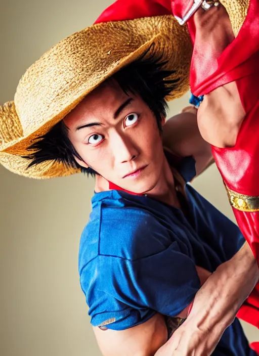 Image similar to A full portrait photo of real-life luffy one piece, f/22, 35mm, 2700K, lighting, perfect faces.