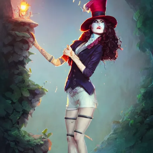 Prompt: realistic, full body portrait, attractive trashy female mad hatter, by Jordan Grimmer and greg rutkowski, crisp lines and color,