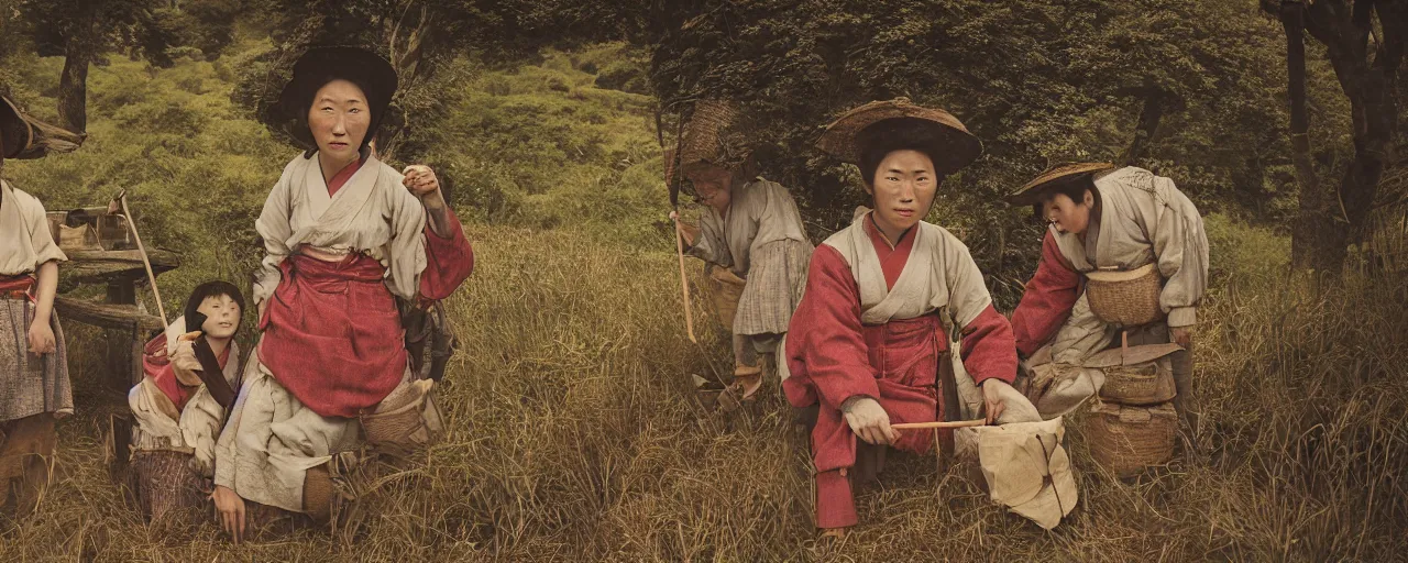 Image similar to rural 1 8 0 0 s japanese countryside, bountiful spaghetti, ultra - realistic faces, fine detail, canon 5 0 mm, in the style of ansel adams, wes anderson, kodachrome, retro