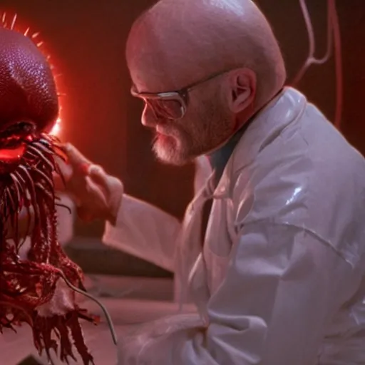 Prompt: hyper detailed creepy dimly lit filmic movie like wide shot color film 35mm photograph of scientist in a top secret lab being viciously attacked and mauled by a grotesque alien embryo specimen from The Thing 1982