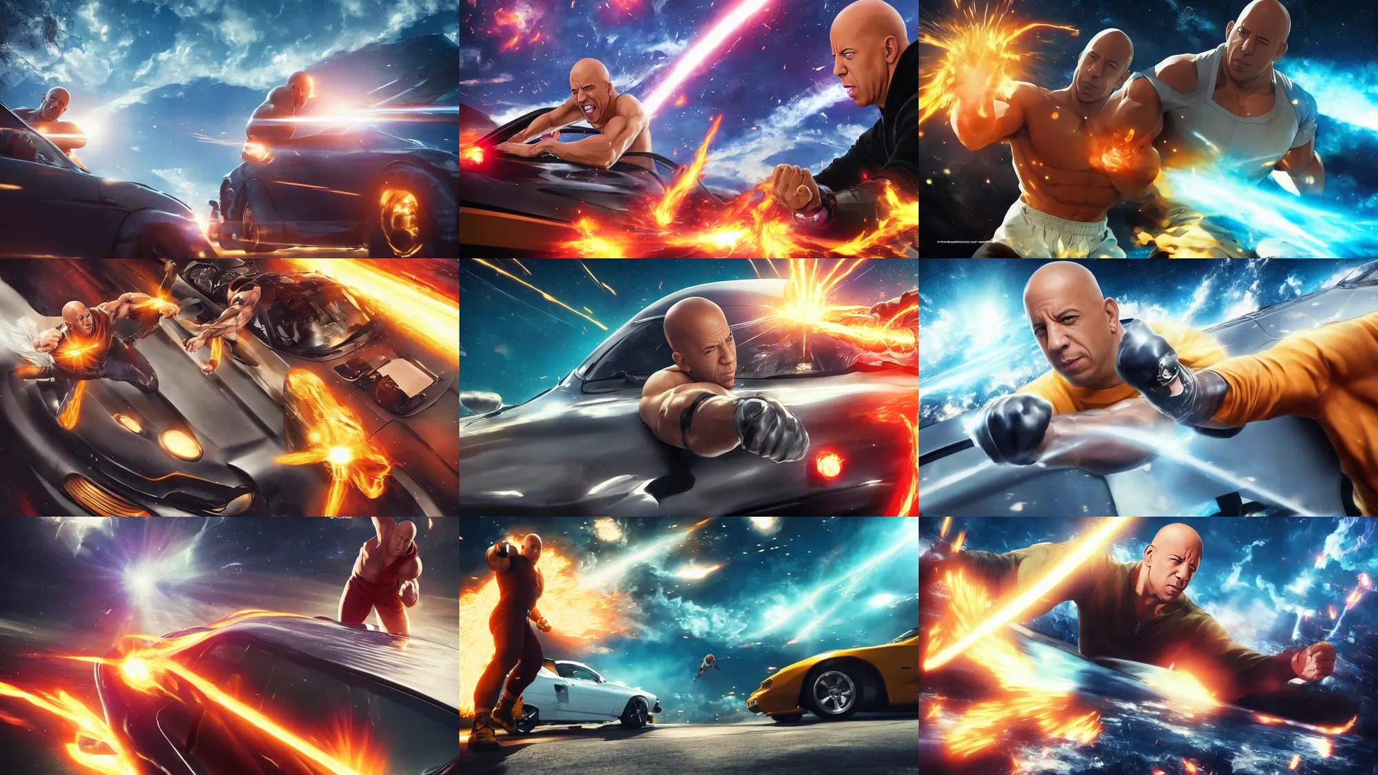 Prompt: vin diesel as saitama punching a car!!! into space, ultra realistic, lens flare, atmosphere, glow, detailed, intricate, full of colour, cinematic lighting, trending on artstation, 4 k, hyperrealistic, focused, extreme details, unreal engine 5, cinematic, masterpiece