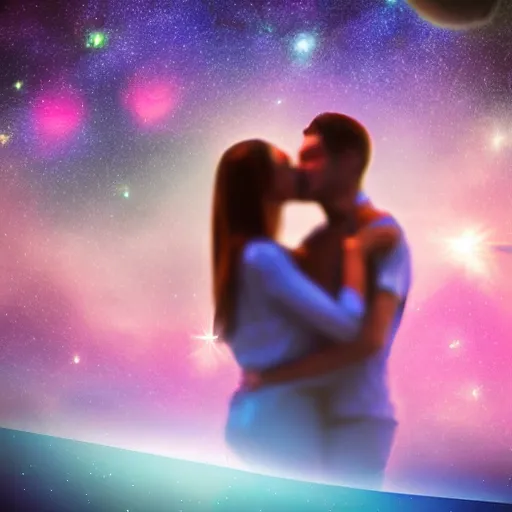 Prompt: couples kissing in a galaxy, with shooting stars, landscape, 8k resolution