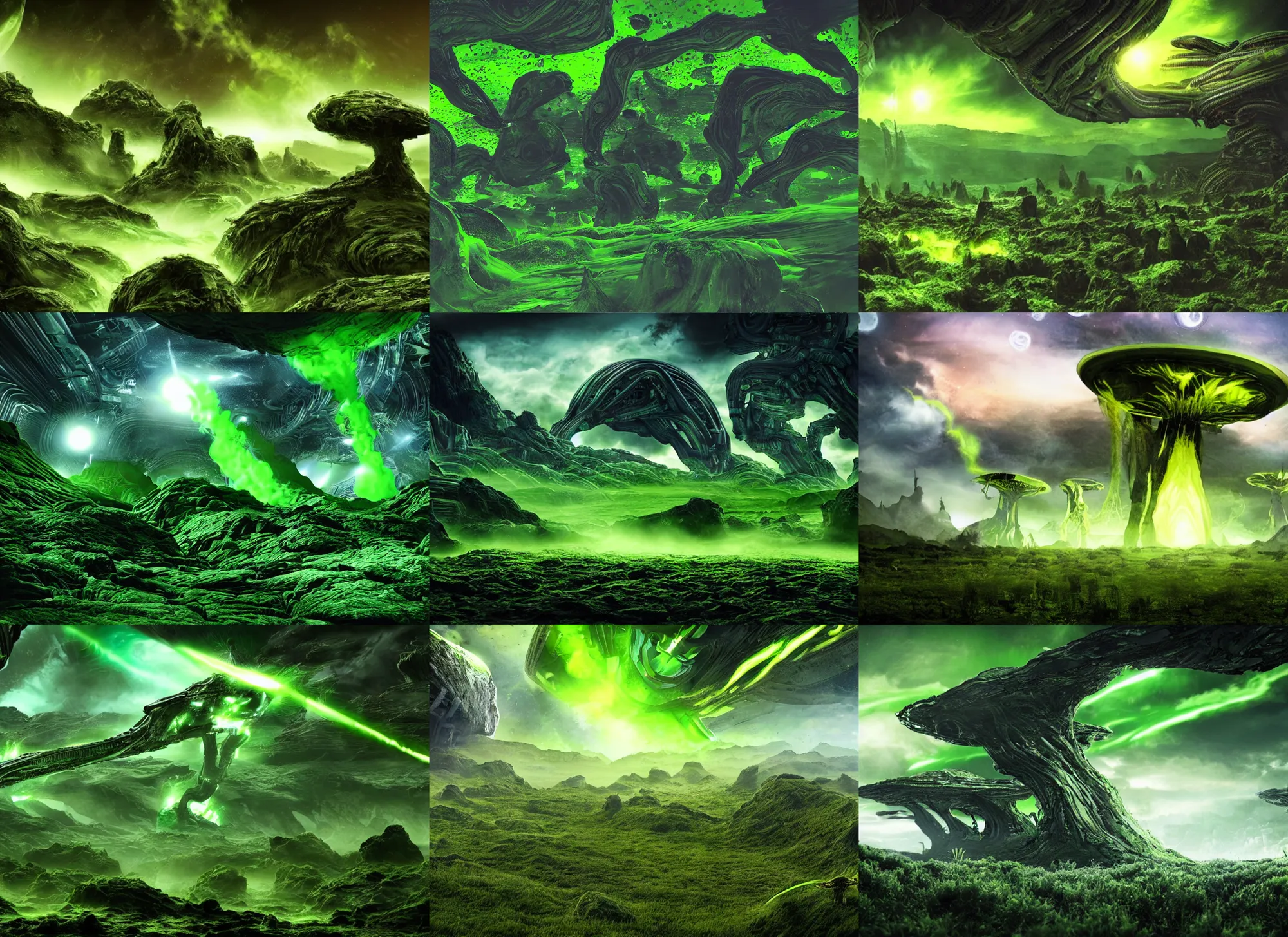 Prompt: alien landscape with green thunders, realistic