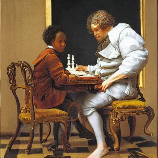 Prompt: robin wiiliams playing chess looking wise, rococo oil painting, highly detailed