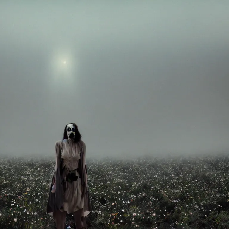 Image similar to The full body shot of beautiful pale woman with many flowers and full-face black mask inside a thick cloud black smoke in rocky desert landscape, glowing eyes, falling star on the horizon by Christopher Doyle, Gaspar Noe, Alejandro Jodorowsky, anamorphic lens, cinematic composition, award winning photo, 8k