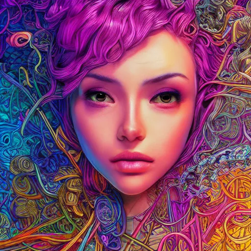 Image similar to the head of a ridiculously beautiful and pretty woman partially made of onion rings of all colors looking up, an ultrafine detailed illustration by james jean, final fantasy, intricate linework, bright colors, behance contest winner, vanitas, angular, altermodern, unreal engine 5 highly rendered, global illumination, radiant light, detailed and intricate environment