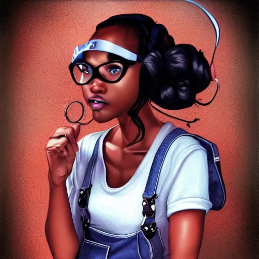 Image similar to a nerdy 17 year old black girl, comic book style, artgerm, wearing overalls, highly detailed, concerned