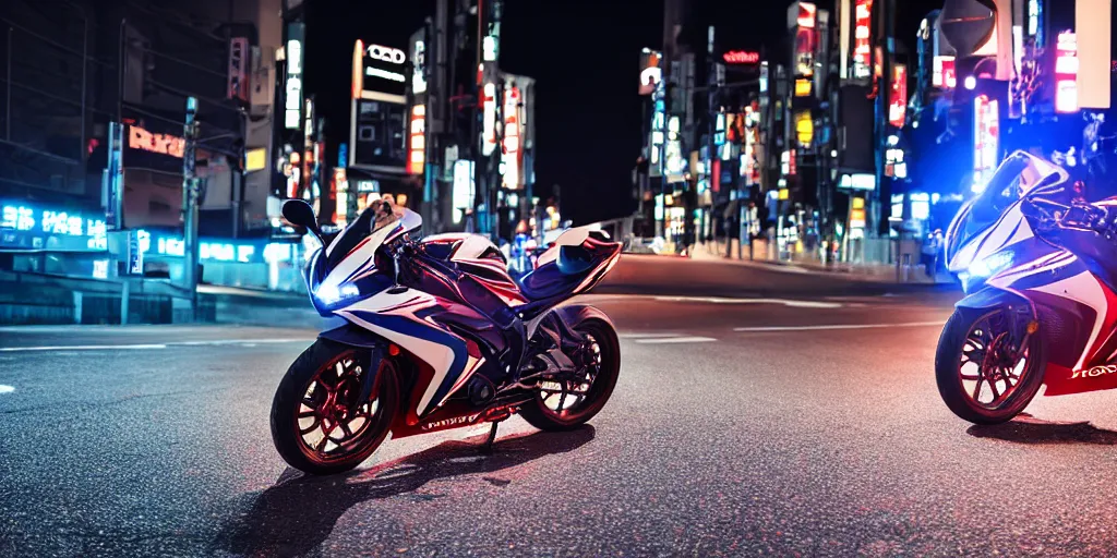 Image similar to Honda CBR600rr with blood vinyil in the middle of a road on the night Tokyo, blue color grading, cinematic color grading , unreal 5, hyperrealistic, realistic, photorealistic, dynamic lighting, highly detailed, cinematic landscape, studio landscape, studio lighting