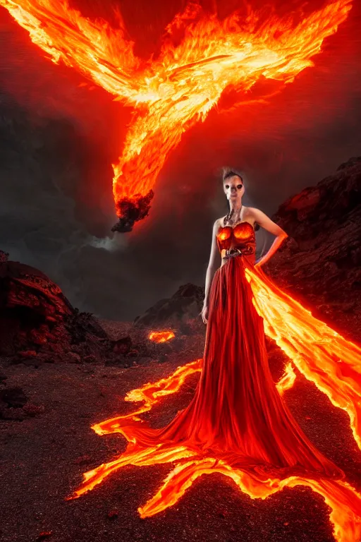 Image similar to dslr photograph of a eldritch volcanic fire goddess clothed in a flaming gown, volcanic embers, magma, diffused lighting, hyperrealism, fantasy character art by laura zalenga and alexander holllow fedosav, 8 k dop dof hdr