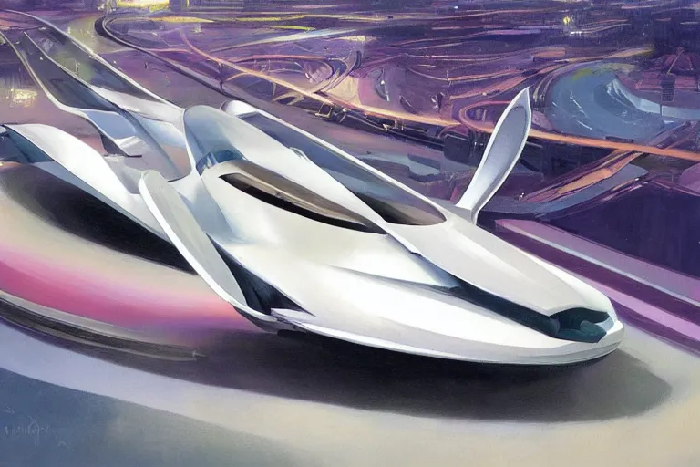 Prompt: futuristic flying vehicle concept on highway, painting by sydney mead, highly detailed, soft lighting, 8 k resolution, oil on canvas, architectural magazine