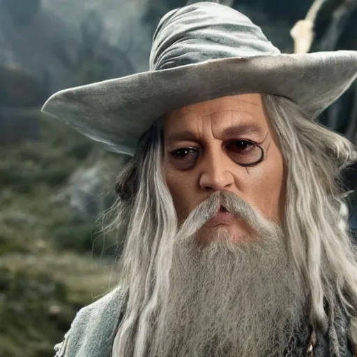 Prompt: Johnny Depp as Gandalf in the movie Lord of the Rings 8k hdr movie still