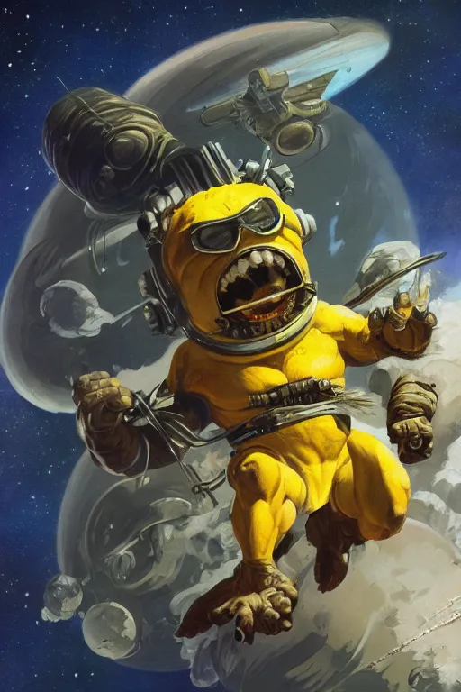 Prompt: anthropomorphic lemon badass muscular lemon character wearing cool sunglasses flying through space, by Frank Frazetta, full body, trending on artstation, highly detailed