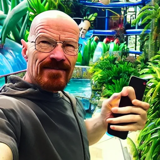 Image similar to walter white selfie at indoor water park with tropical plants