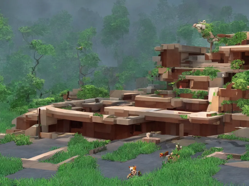 Prompt: three dogs running away from a Frank Lloyd Wright designed villa being consumed by climate change wildfire, in a platformer video game style of Inside game sumerville game limbo game