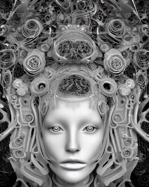 Image similar to mythical dreamy black and white organic bio - mechanical spinal ribbed profile face portrait detail of translucent steampunk beautiful female angelic - human - queen - vegetal - cyborg, highly detailed, intricate crystal ivy jelly ornate, poetic, translucent roses ornate, 3 d render, digital art, octane render, 8 k artistic photography, photo - realistic, by dora maar