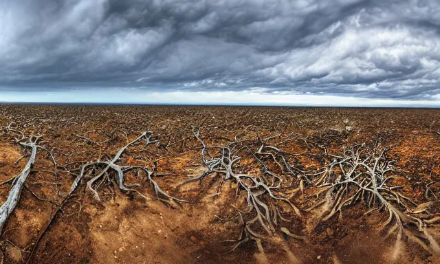 Prompt: panorama of a weather phenomemon where big raindrops fly upwards into the perfect cloudless blue sky from a dried up river in a desolate land, dead trees, blue sky, hot and sunny highly-detailed, elegant, dramatic lighting, artstation, 4k, cinematic landscape, photograph by Elisabeth Gadd, National Geographic