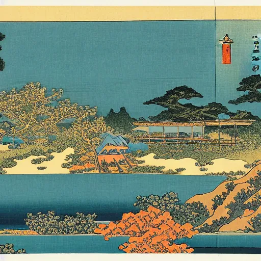 Prompt: village by a lake, 8k, ultra detailed, Ukiyo-e style by Katsushika Hokusai