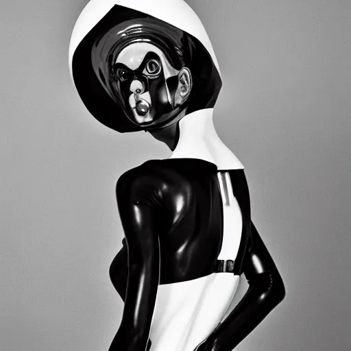 Prompt: fashion black and white photography of an extraterrestrial model, wearing a gaz mask, wearing demobaza fashion, inside berghain, berlin fashion, harness, futuristic fashion, dark minimal outfit, photo 3 5 mm leica, hyperdetail, berghain, 8 k, very detailed, photo by nick knight