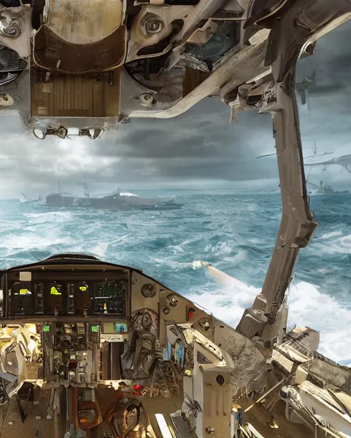Image similar to view from an aircraft carrier of stormy seas, stormy weather, unreal engine, hyper realism, realistic shading, cinematic composition, realistic render, octane render, detailed textures, photorealistic, ultrawide shot