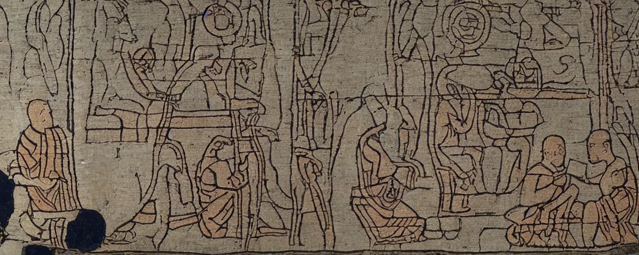 Prompt: Bayeux Tapestry two monks with laptop trying to connect to wifi