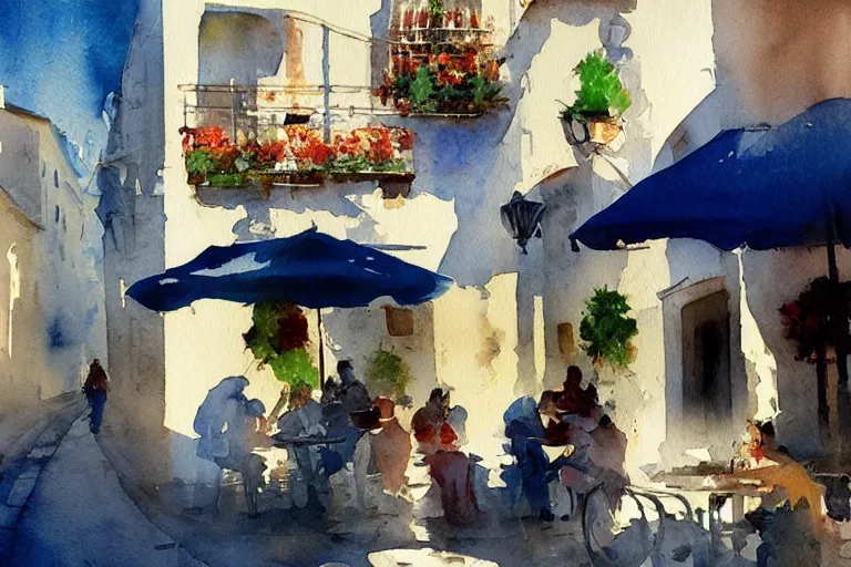 Image similar to abstract watercolor painting of spanish street, white buildings, summer, magical and traditional, cinematic light, french cafe, sharp shadows, daylight, national romanticism by anders zorn, by greg rutkowski, by greg manchess