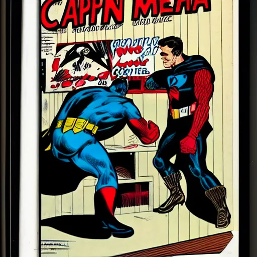 Image similar to comic book pane of captain america arresting batman, silver age of comics, Jack kirby illustration