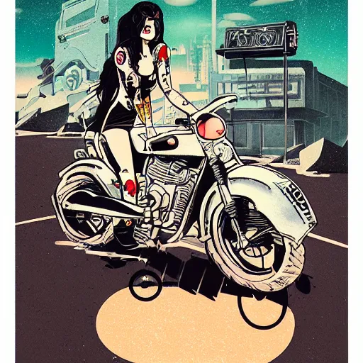 Image similar to a colorful comic noir illustration of a hot tattooed women riding a motorcycle through a post-apocalyptic desert by Queens of the Stone Age and sachin teng, dark vibes, street art, cinematic, high contrast, depth of field