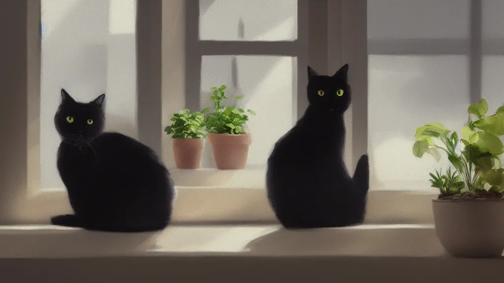 Image similar to peaceful dreamy painting of a content black cat sitting by a window and looking outside, sunshine coming through the window, small plants on the window sill, 8k, hyper realism, trending on artstation, octane render, digital art