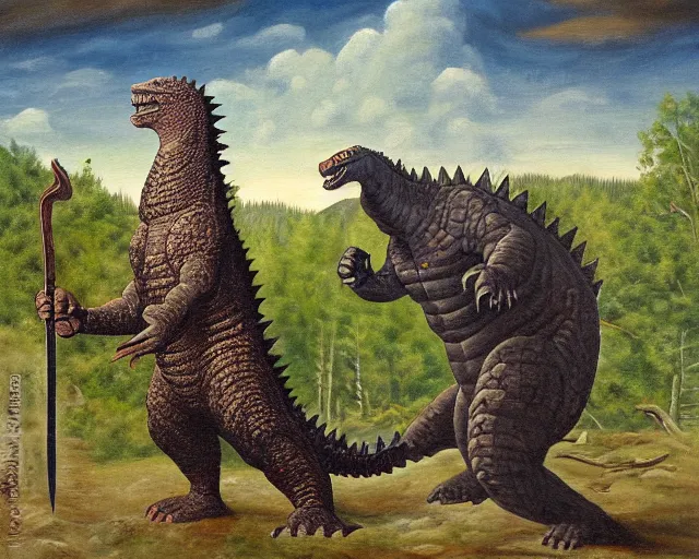 Image similar to ancient godzilla standing in front of altai forest with a sword, detailed oil painting in the style of middle ages