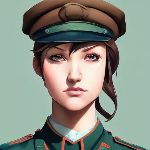 Image similar to symmetrical portrait bust of young woman with shoulder length light brown hair and hazel eyes dressed in a sharp dark teal military uniform and beret, anime, ilya kuvshinov, greg rutkowski, guweiz, ross tran, loish, svetlana tigai, artgerm, artstation trending, concept art, digital painting, painterly