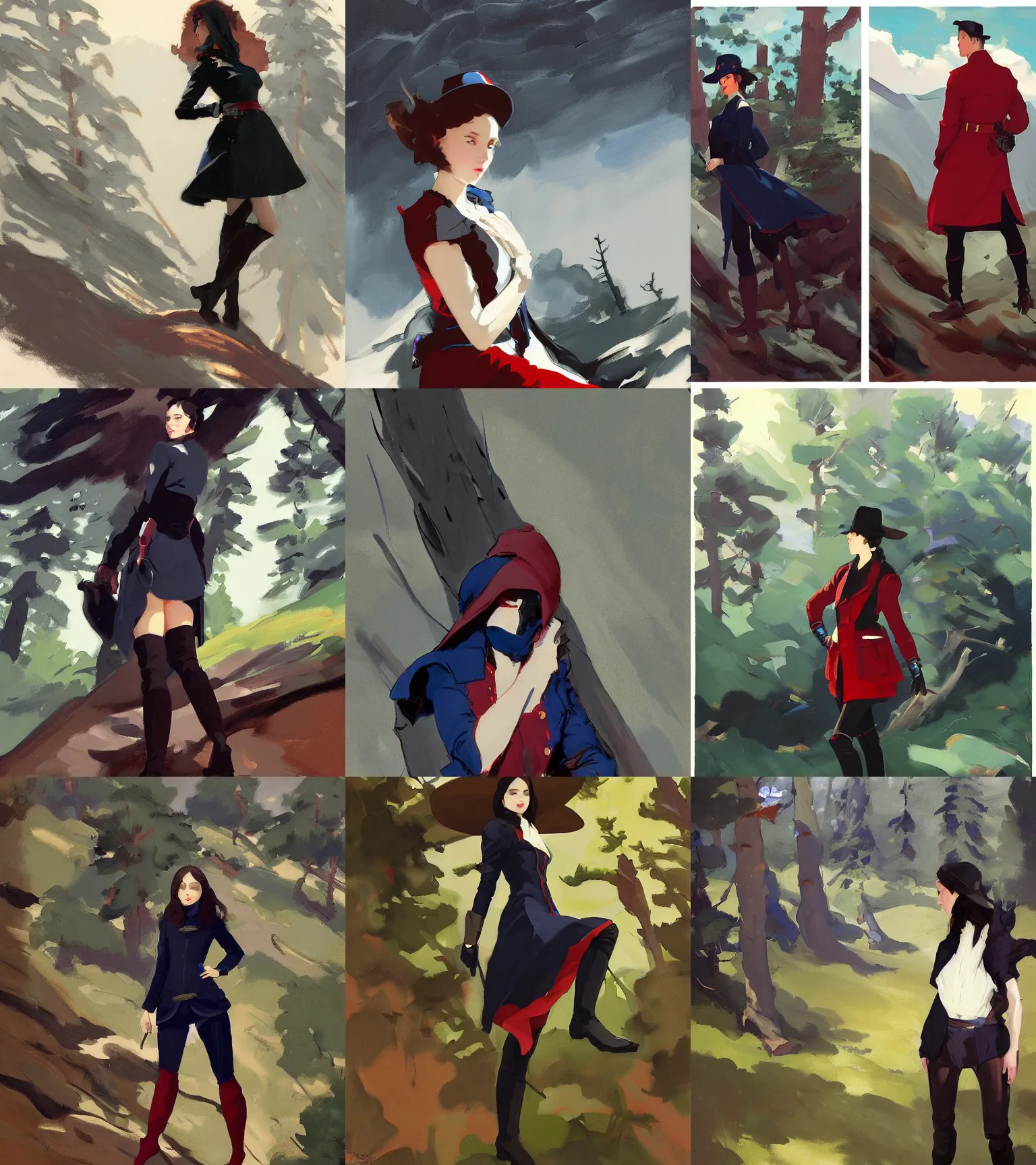 Image similar to black red blue white cloth fabric jodhpurs knee high boots travel coat fashion, solo hiking in mountains trees, greg manchess painting by sargent and leyendecker, studio ghibli, fantasy, asymmetrical, intricate, elegant, matte painting, illustration, hearthstone, by greg rutkowski, by greg tocchini, by james gilleard, by joe fenton