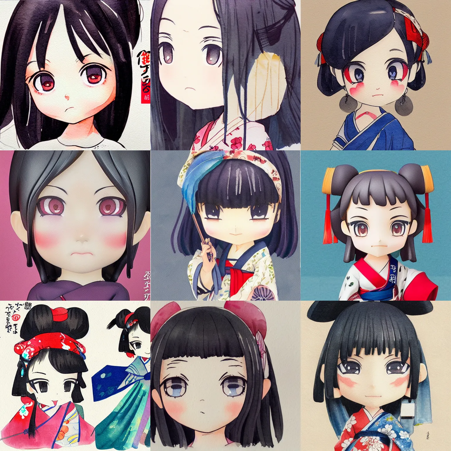 Prompt: beautiful watercolor concept art of face detailing cute nendoroid girl in the style of ukiyoe, toon rendering close - up no shade modern art